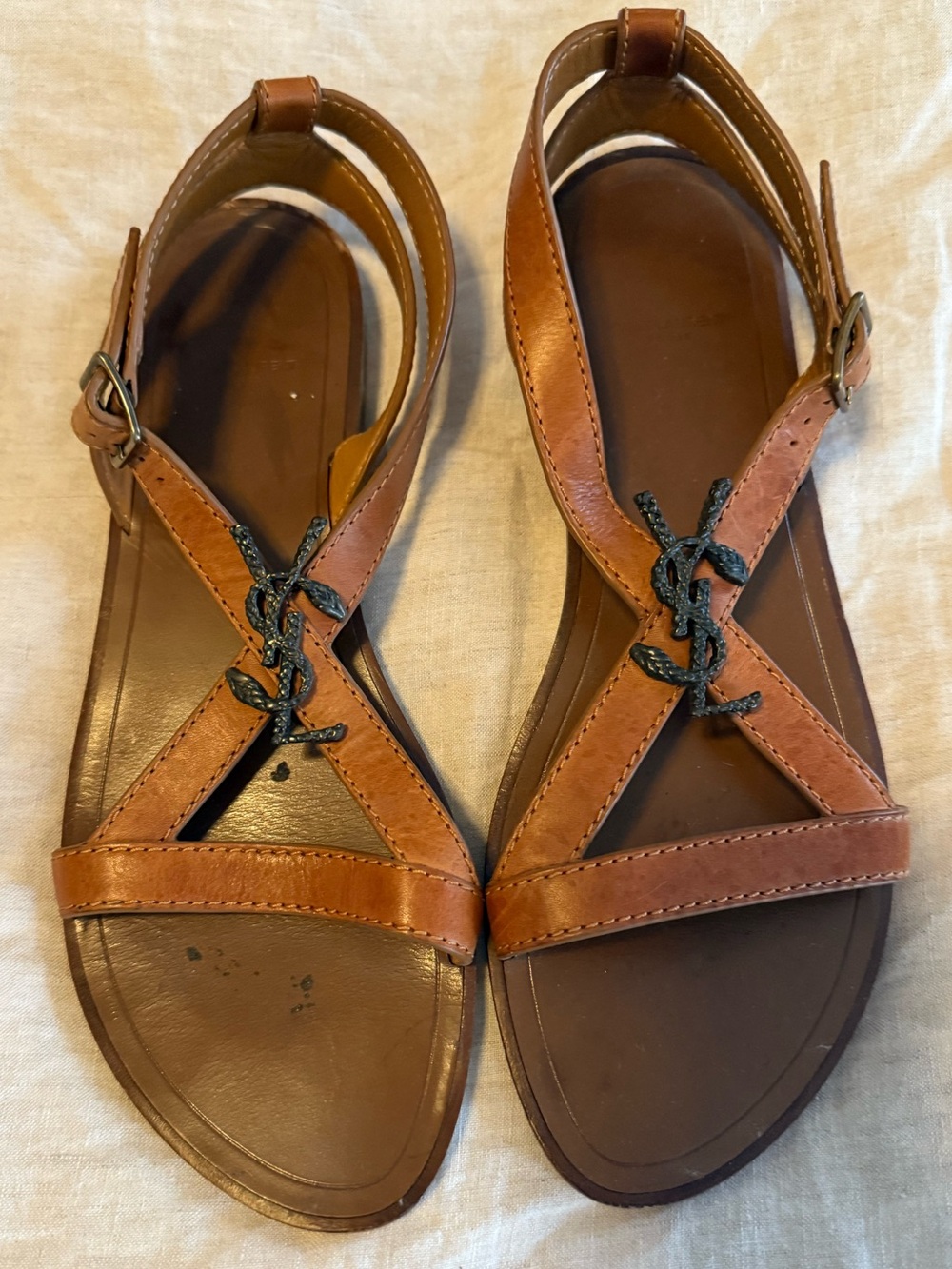 Saint Laurent Brown Leather T-Strap Sandals with YSL Logo